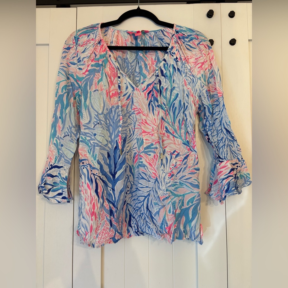 Lilly Pulitzer Kaleidoscope Cool Blouse Willa Flounce Sz Large EUC Like New